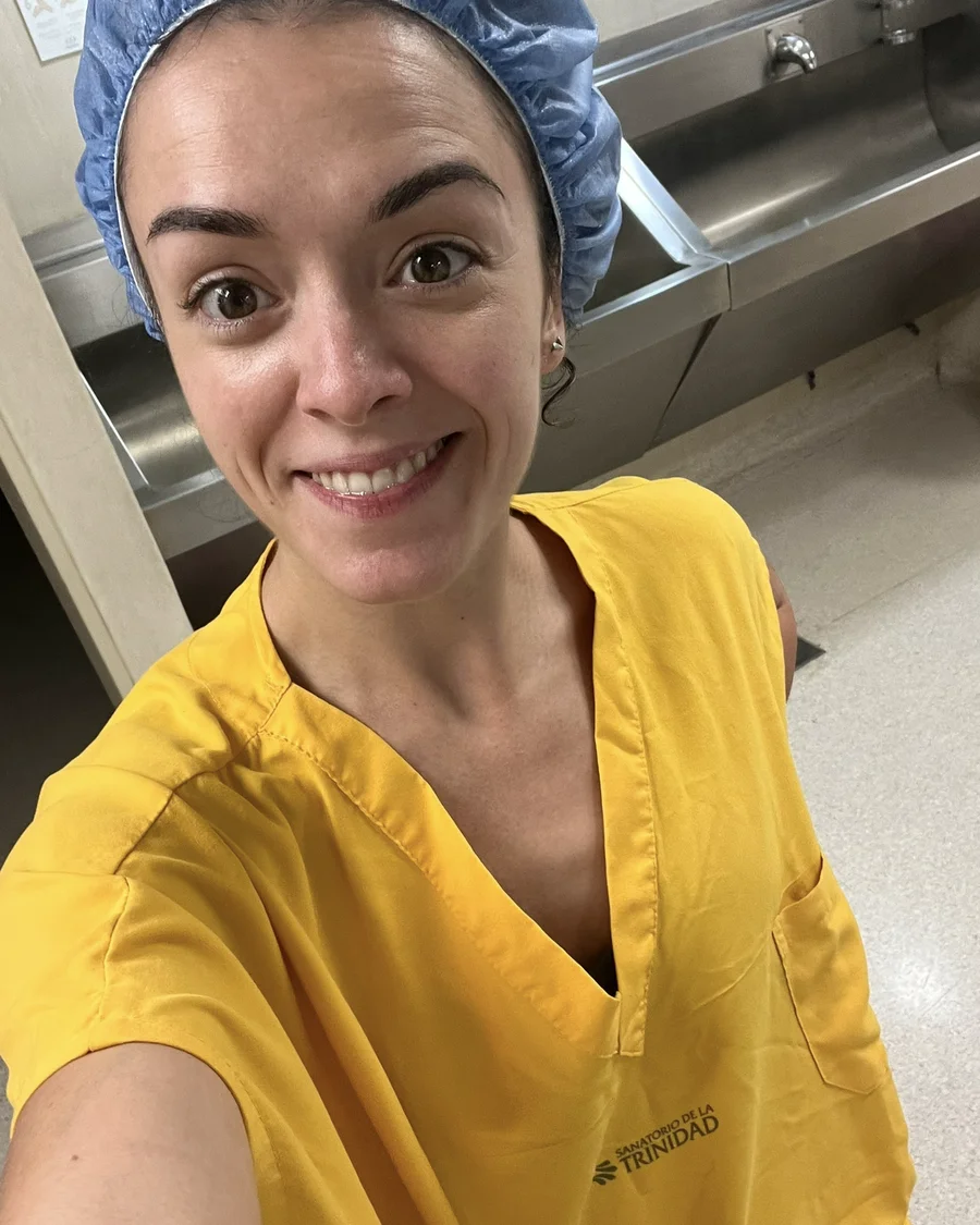 Yanina Radzishevskaya, founder of MEDA, in hospital scrubs